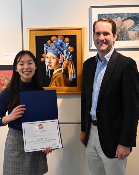 Second place winner Angela Lin with Congressman Himes